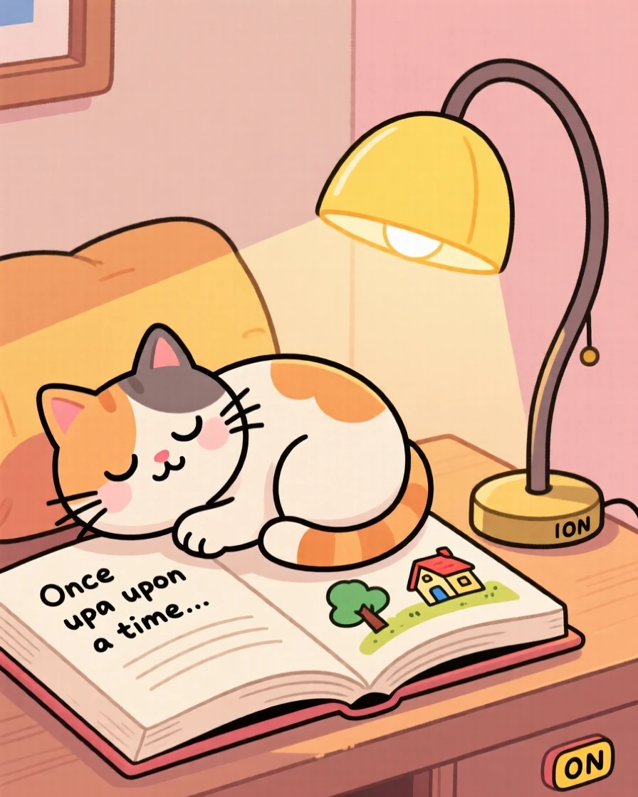 A cat curled up asleep on an open book beside a reading lamp.