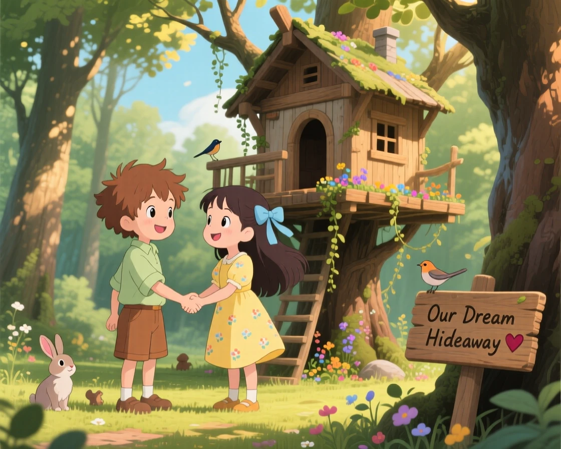 A tender moment of two children shaking hands after building something together, the scene filled with hope.