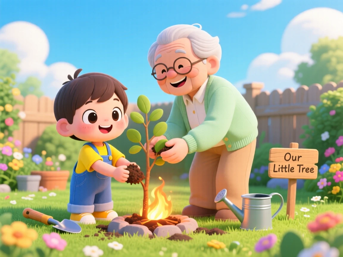 Full-body shot of a child and grandparent, planting a tree together, in a sunny backyard garden, under a clear summer sky, illuminated by cozy firelight, radiating bubbly enthusiasm.