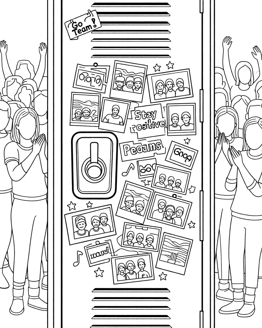 A locker door decorated with photos and stickers, with a crowd cheering just out of focus.