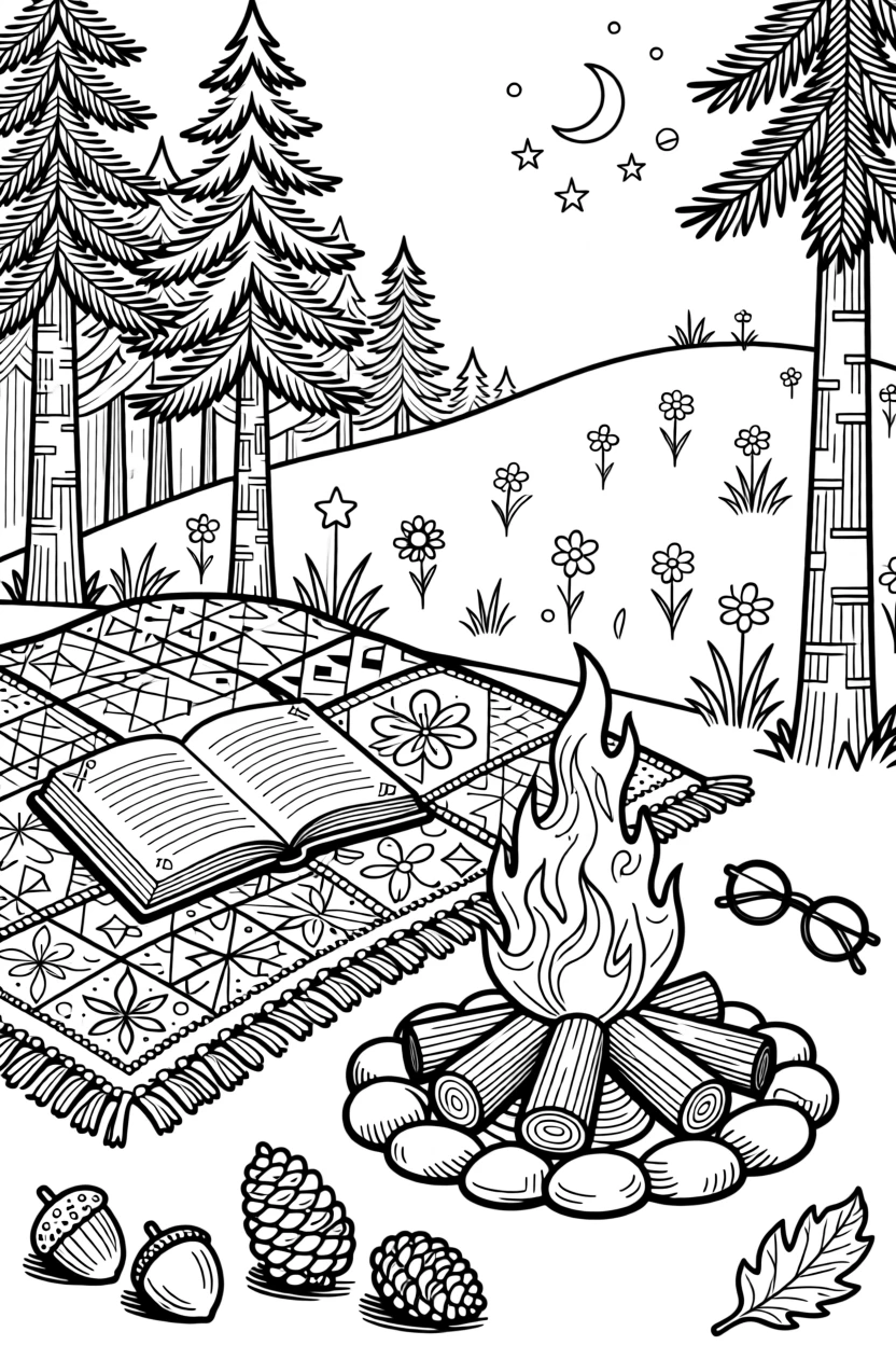 A cozy blanket and book scene beside a crackling campfire.