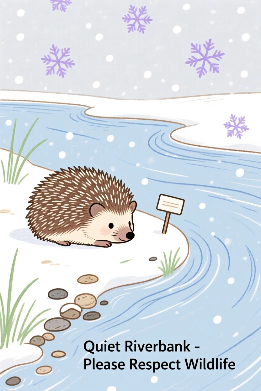 A small hedgehog curled up together along a quiet riverbank during a light snowfall.