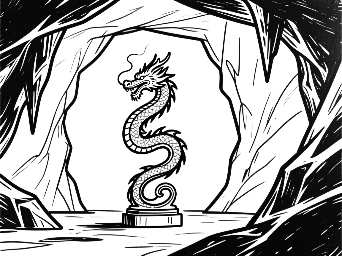 A hidden ice cavern with a frozen dragon statue at its center.