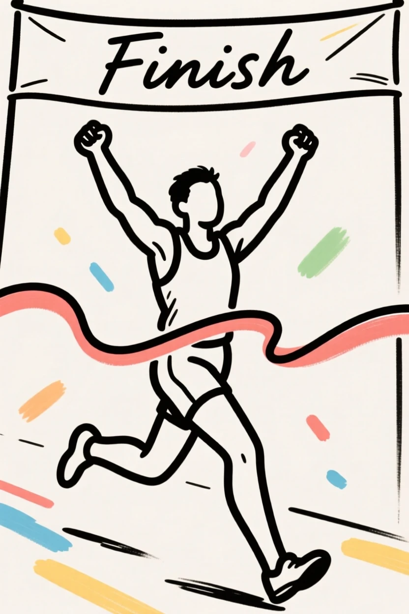 A runner crossing the finish line of a marathon with arms raised.