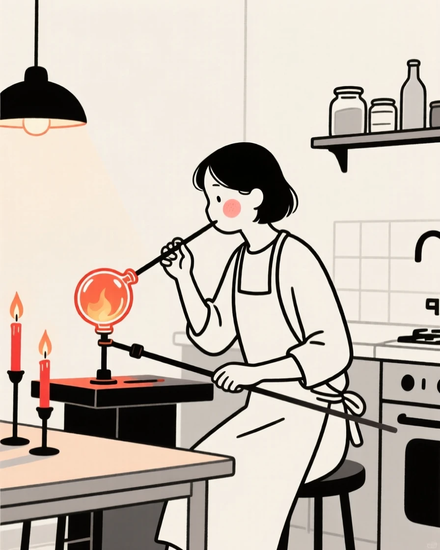 A glassblower shaping molten glass in a cozy candlelit kitchen.