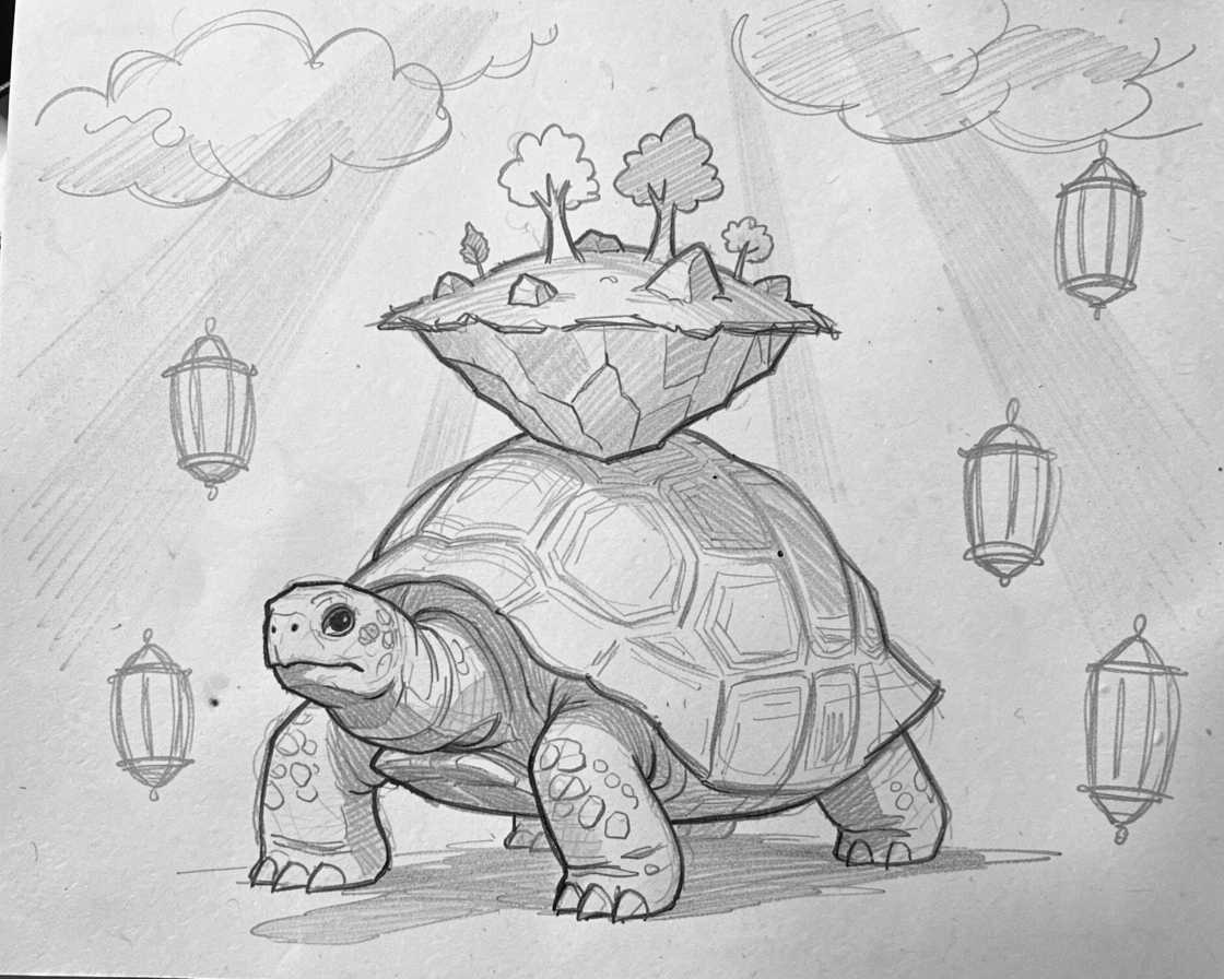 A magical, imaginative vision of a giant tortoise carrying a floating island on its back surrounded by floating lanterns, with shafts of light piercing through the clouds.