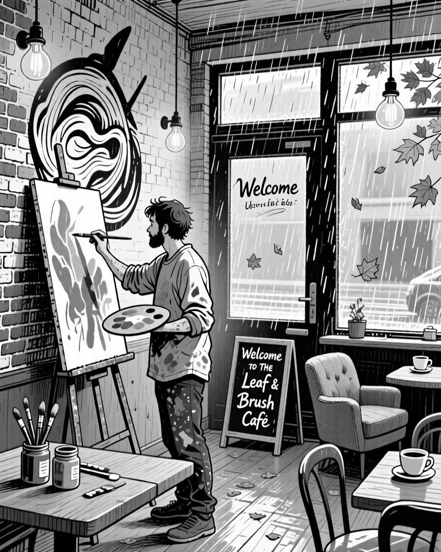 A street artist painting a mural inside a cozy cafe on a rainy day, with leaves drifting past them in the wind, creating a warm and heartfelt lifestyle scene.