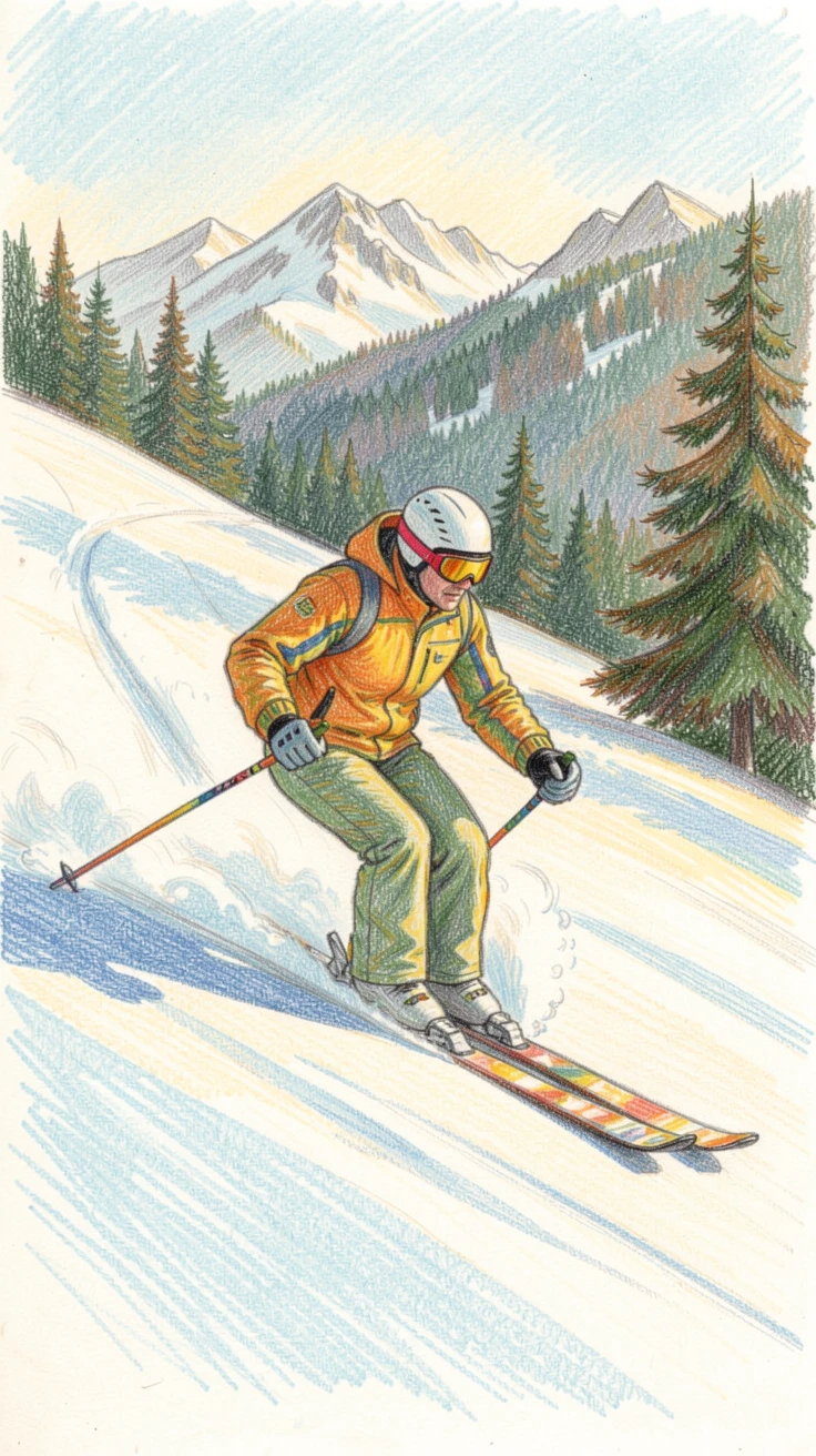 A skier carving through fresh powder on a sunny mountain slope, with rich, inviting textures throughout the scene, evoking warmth, beauty, and a lasting sense of wonder.