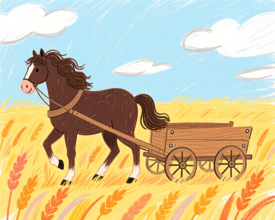 A draft horse pulling a wooden cart through a wheat field.