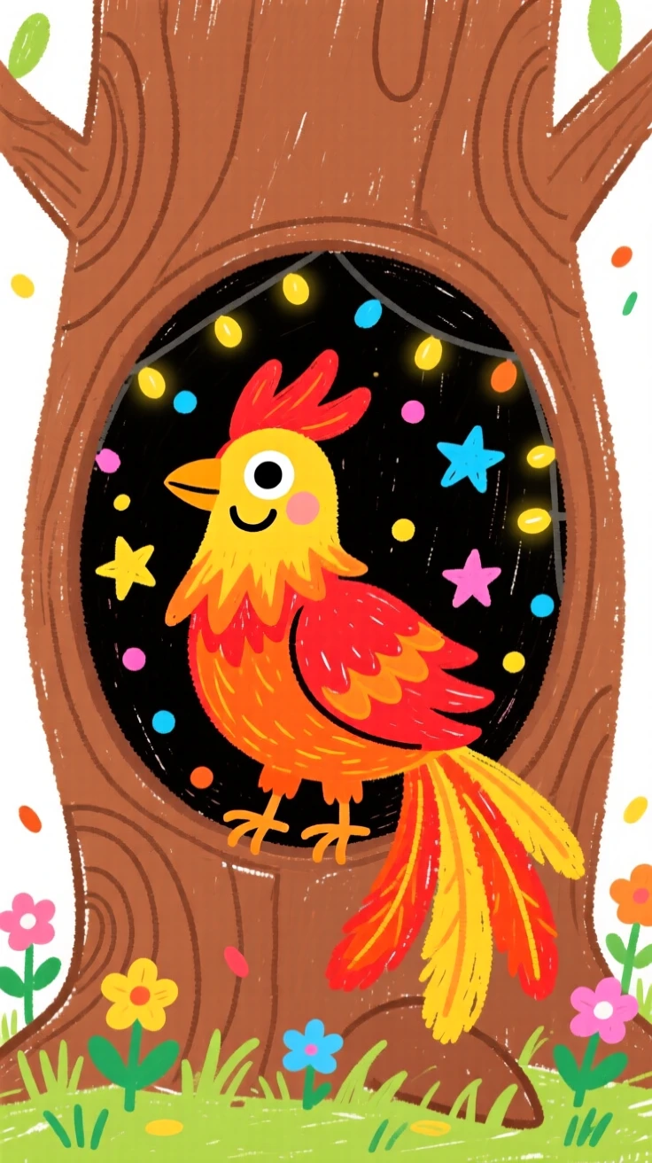 A cheerful phoenix with fiery feathers inside a hollow tree filled with twinkling lights.