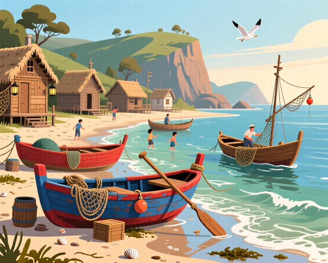A traditional fishing village with boats resting on the shore, with gentle waves lapping at the shore nearby, framed to showcase both intimate detail and grand scale, with a joyful, adventurous atmosphere.