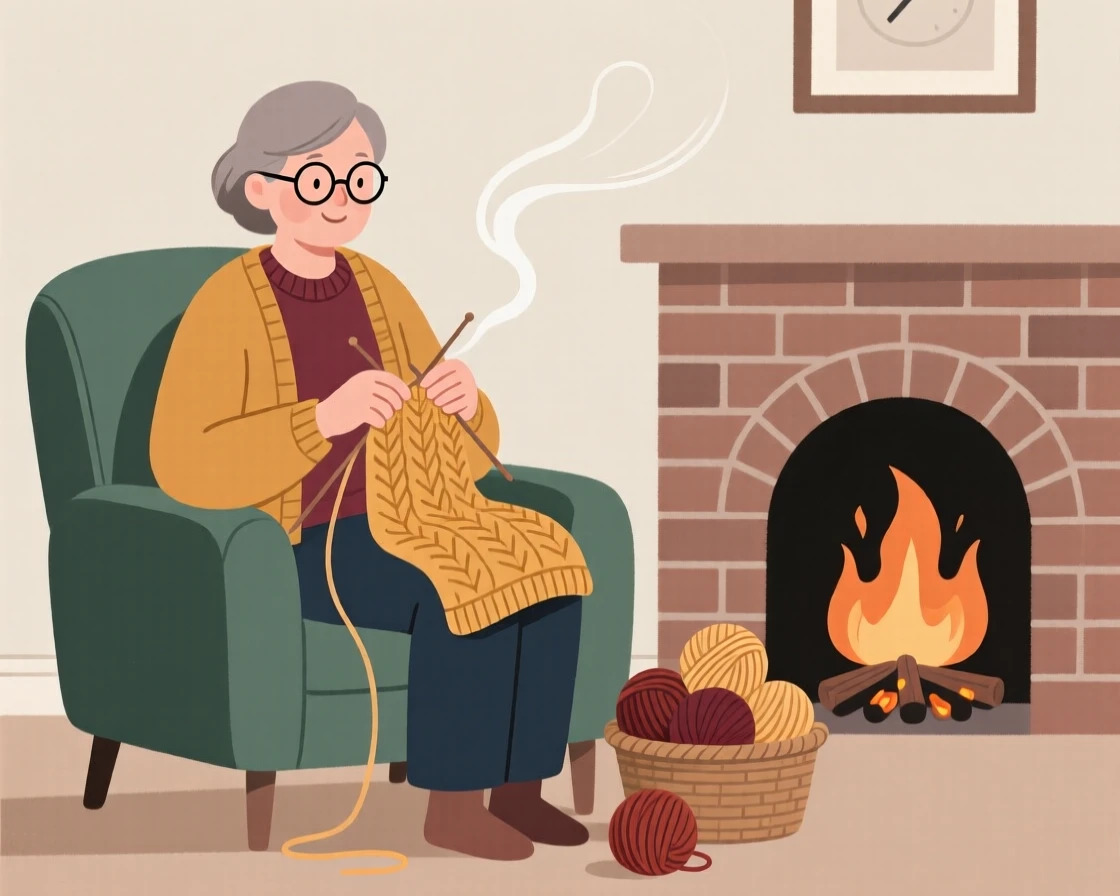 A knitter working on a cozy sweater by a crackling fireplace.