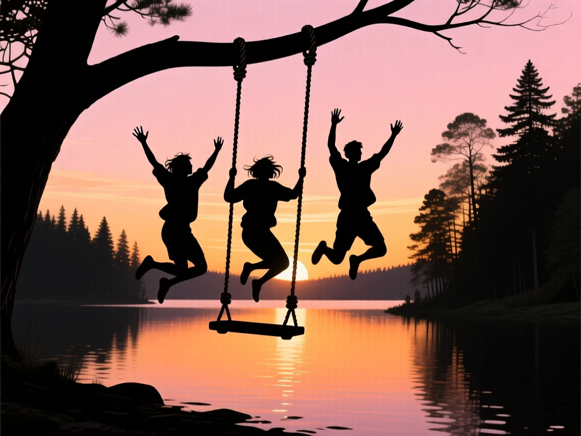 A group of friends jumping off a rope swing into a clear forest lake.