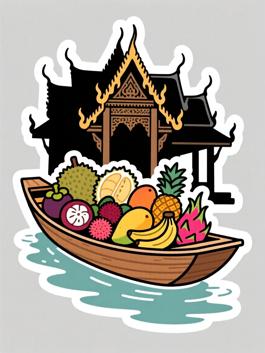 A postcard-perfect Thai floating market boat full of fruit, framed by traditional architecture, during a memorable journey abroad.