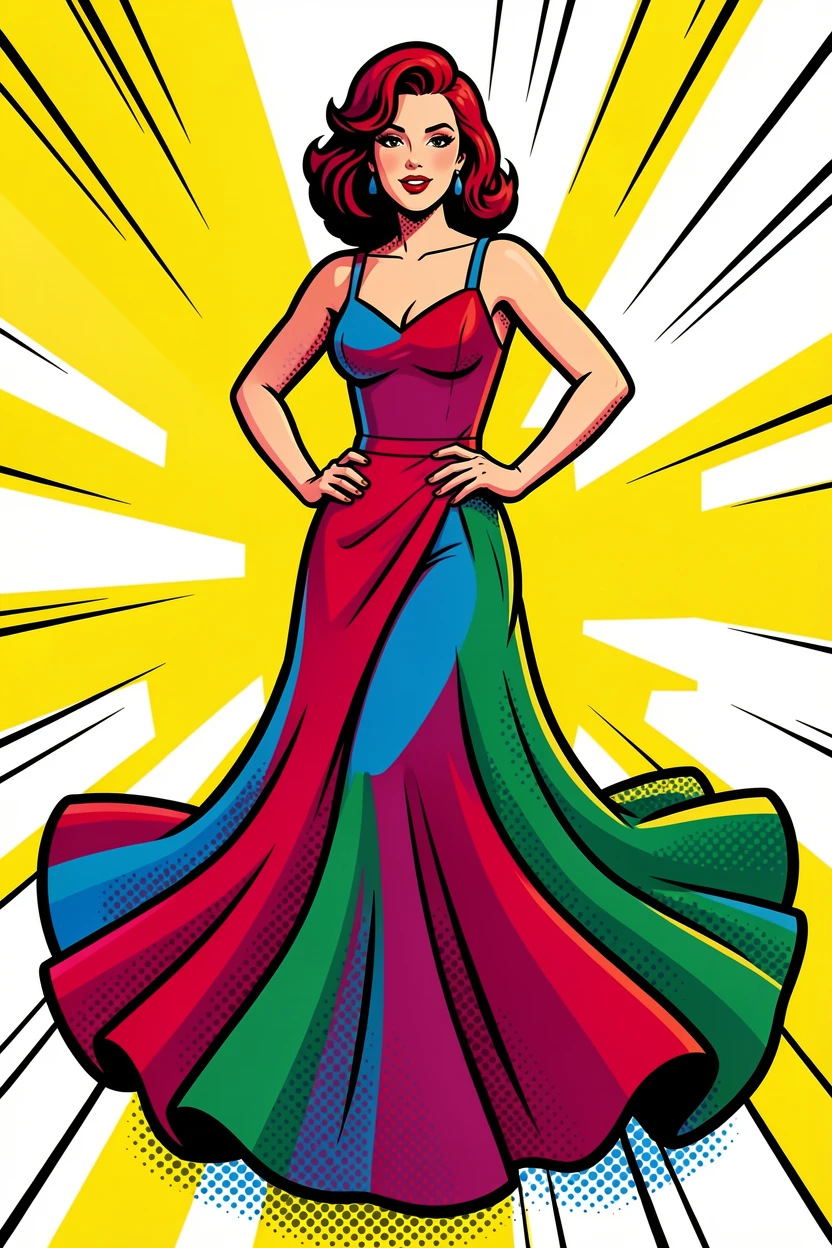 A model striking a pose in a flowing evening gown