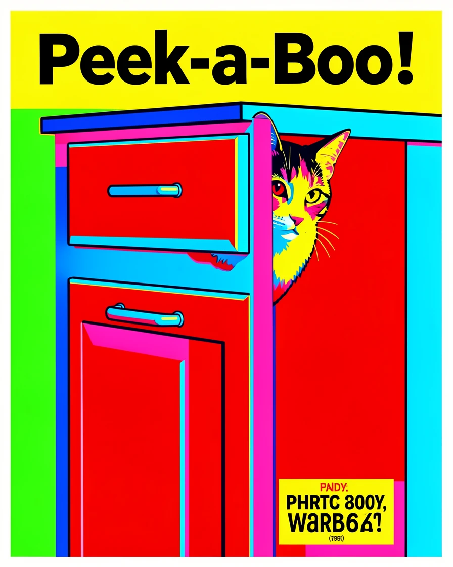Cat peeking out of a kitchen cabinet