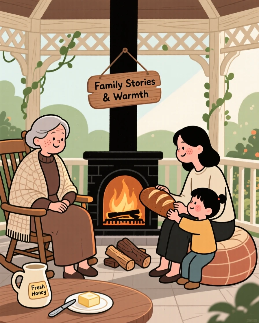 Three generations of a family gather around a fireplace hearth in the garden gazebo, sharing freshly baked bread and stories as the afternoon sun warms the room.
