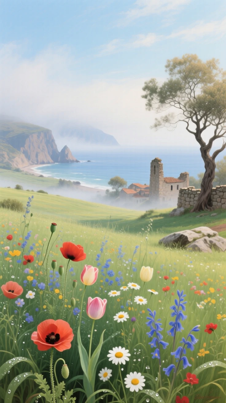 A grand panoramic scene of a meadow bursting with spring wildflowers beneath a soft blue sky, along the Turkish coast, in thick fog.