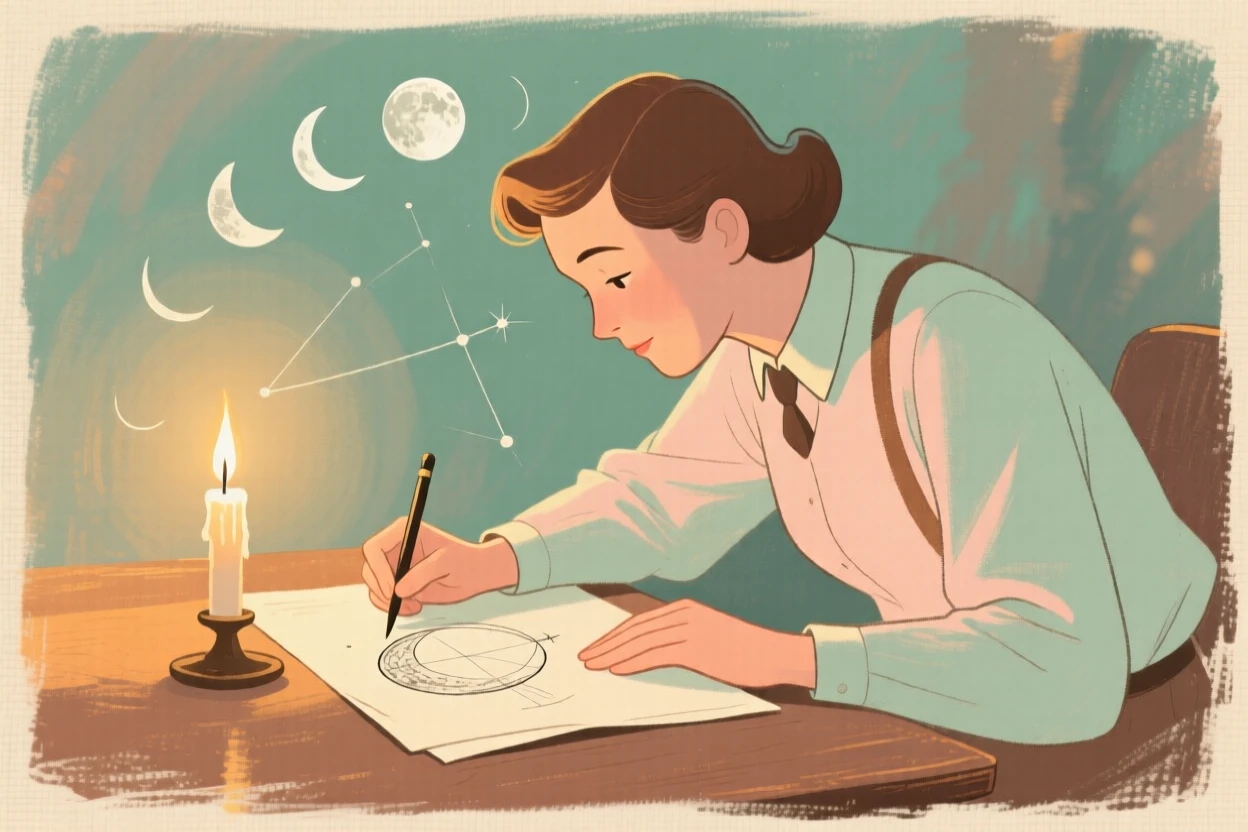 An astronomer sketching the phases of the moon by candlelight