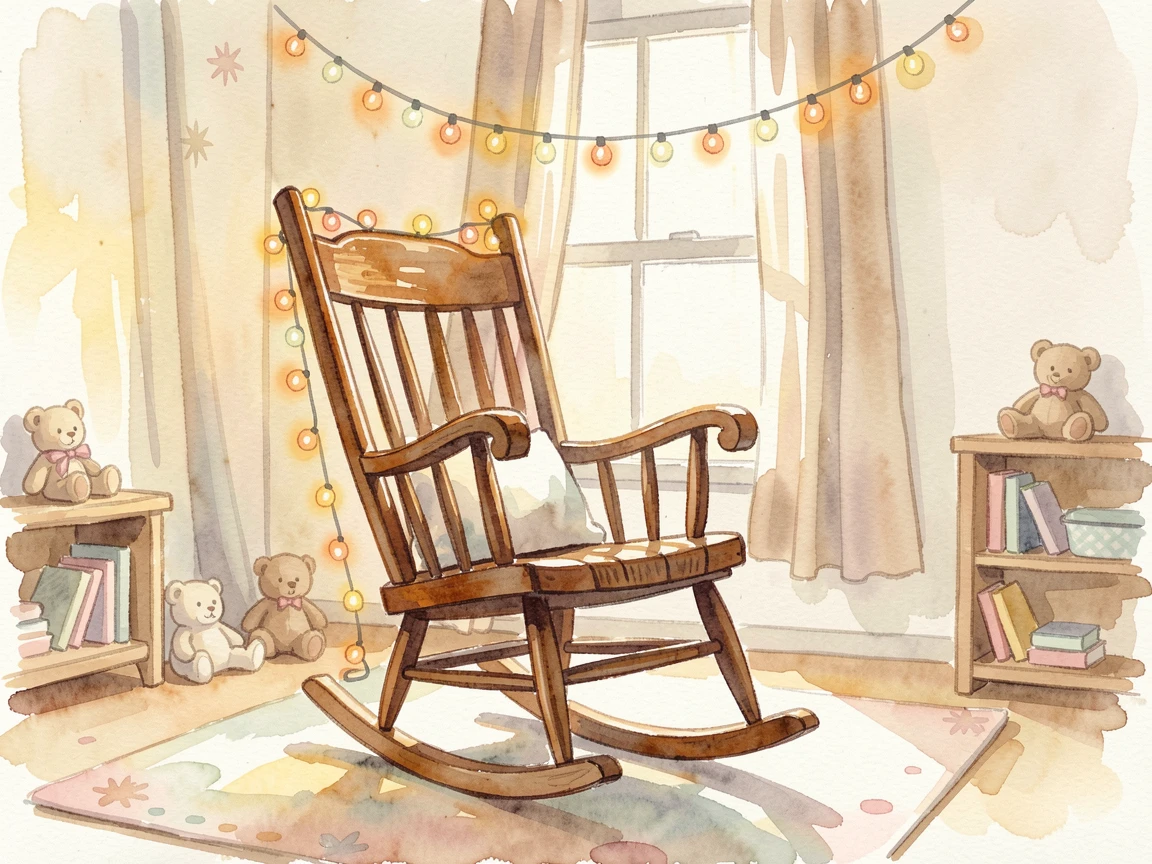 A nursery with a wooden rocking chair with warm string lights glowing.