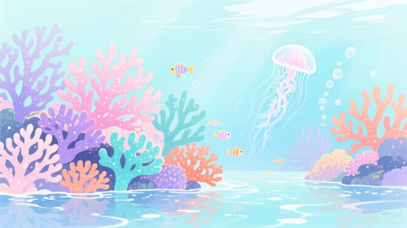 A dreamlike scene of an underwater coral kingdom, reflecting shimmering colors in still water, inviting quiet wonder and imagination