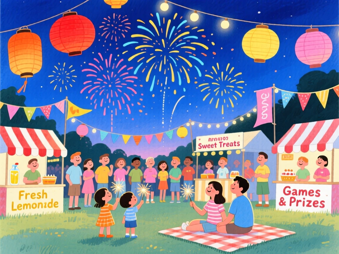A festive scene of fireworks lighting up the sky above a summer festival.