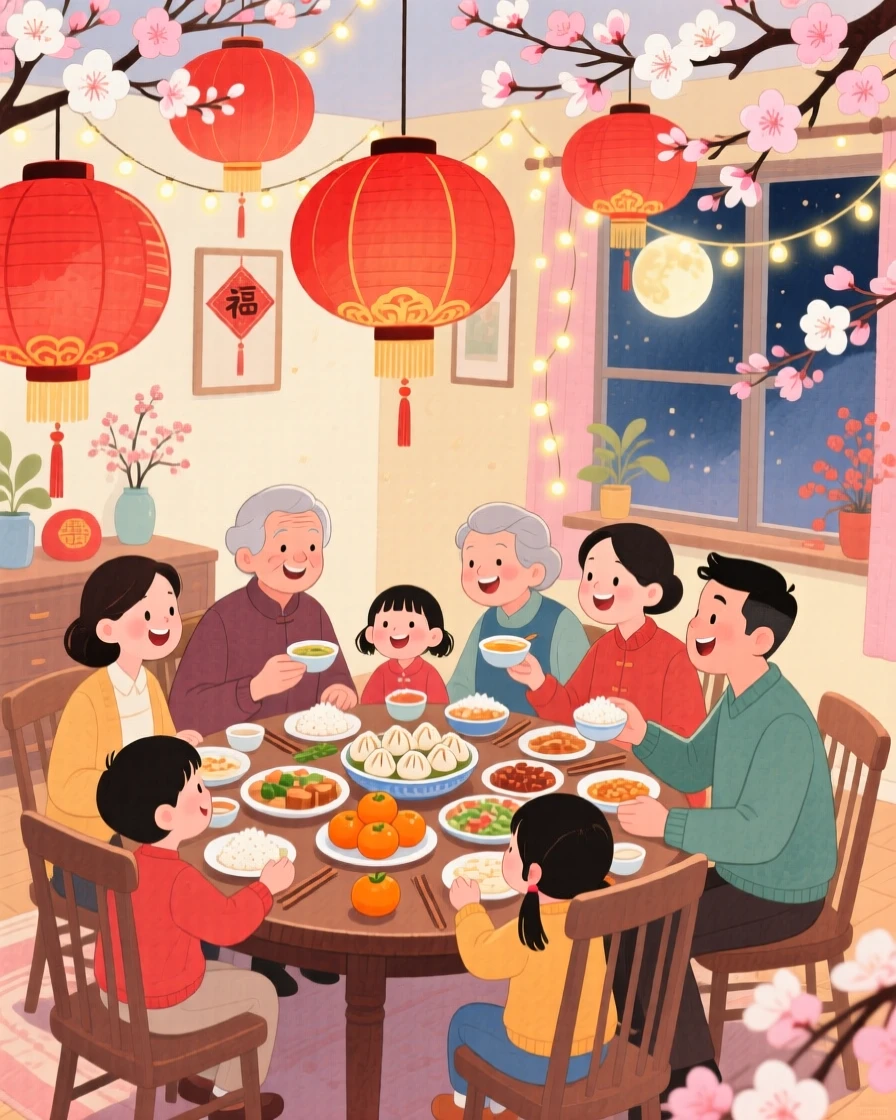 A family gathered for a Lunar New Year feast, in a home decorated with red lanterns and blossoms, with twinkling lights reflected in everyone's eyes, evoking prosperity, warmth, and family unity.