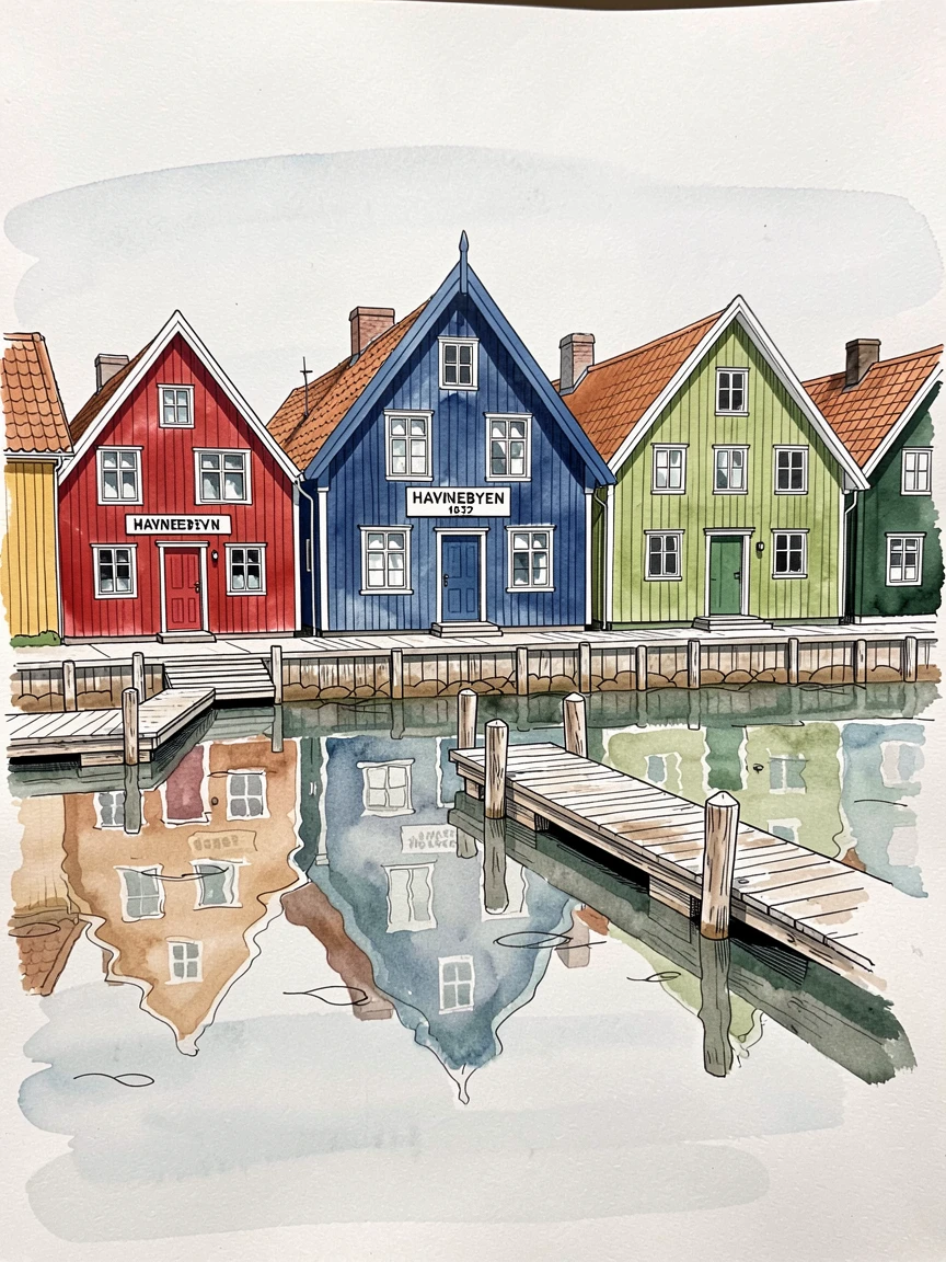 A colorful row of houses reflected in a still Nordic harbor, a gentle stillness settling over the historic setting.