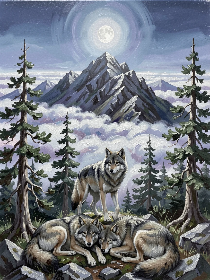 Along a rocky mountain ridge above the clouds, a family of wolves resting in a forest clearing, it pausing mid-stride, alert to the slightest sound, under the soft light of a full moon.