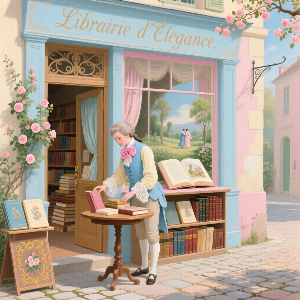 A bookseller arranging illustrated volumes outside a small shop  