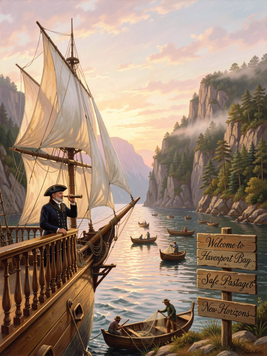 A tall ship sails out of harbor at a wide bay dotted with smaller boats while the captain studies the horizon.