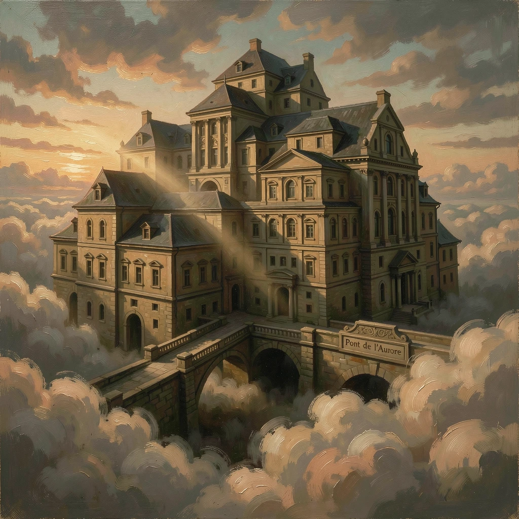 A floating city suspended above the clouds, catching the light of sunset, as beams of light cut dramatically through darkness or fog, combining epic scale with rich, immersive atmospheric detail