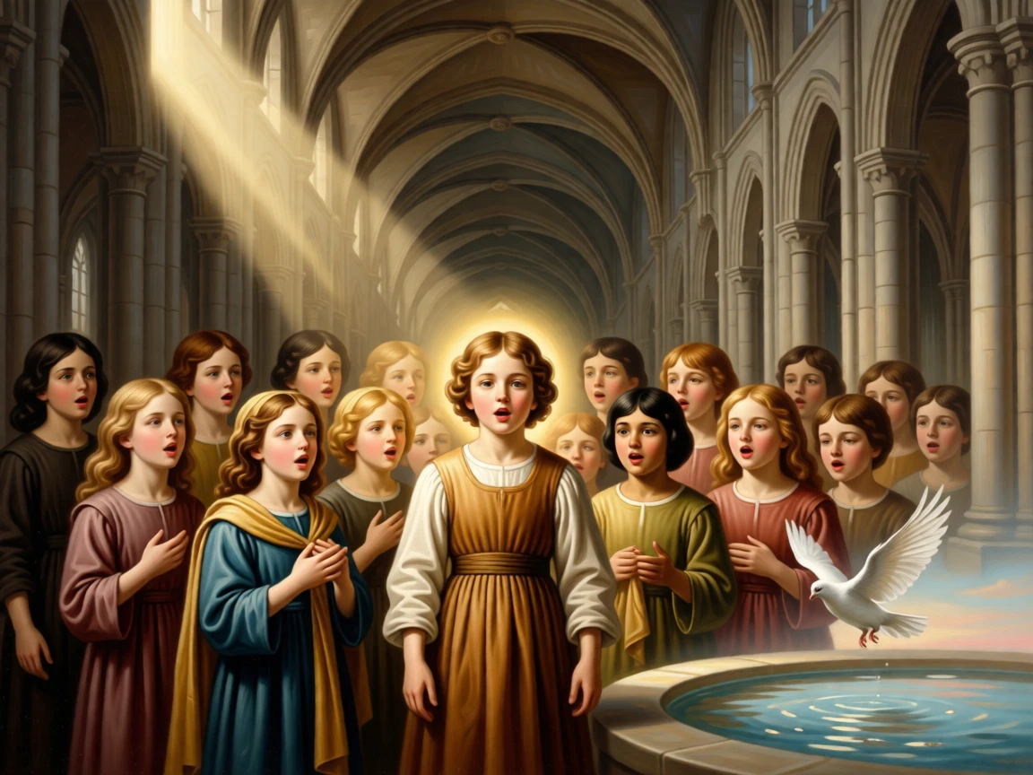 A choir of children singing beneath a vaulted cathedral ceiling as ancient wisdom passes gently to the next generation, set beside a sacred spring reflecting the morning sky, with a single dove or beam of light marking the sacred moment; the composition places the central figure within a halo of natural light, suggesting the enduring comfort of belief and community.