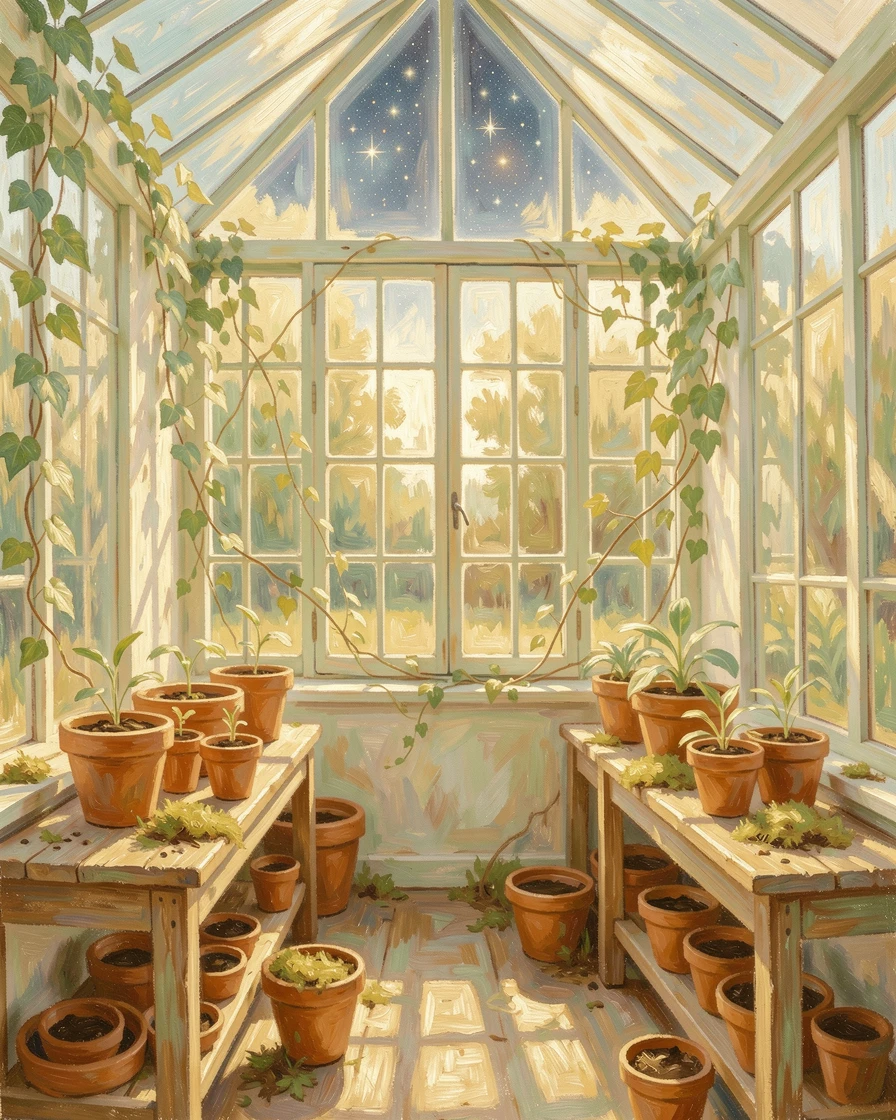 A sunlit greenhouse filled with potting benches, terracotta pots, and trailing ivy along glass panes, under a canopy of stars, capturing a fleeting moment of pure happiness.
