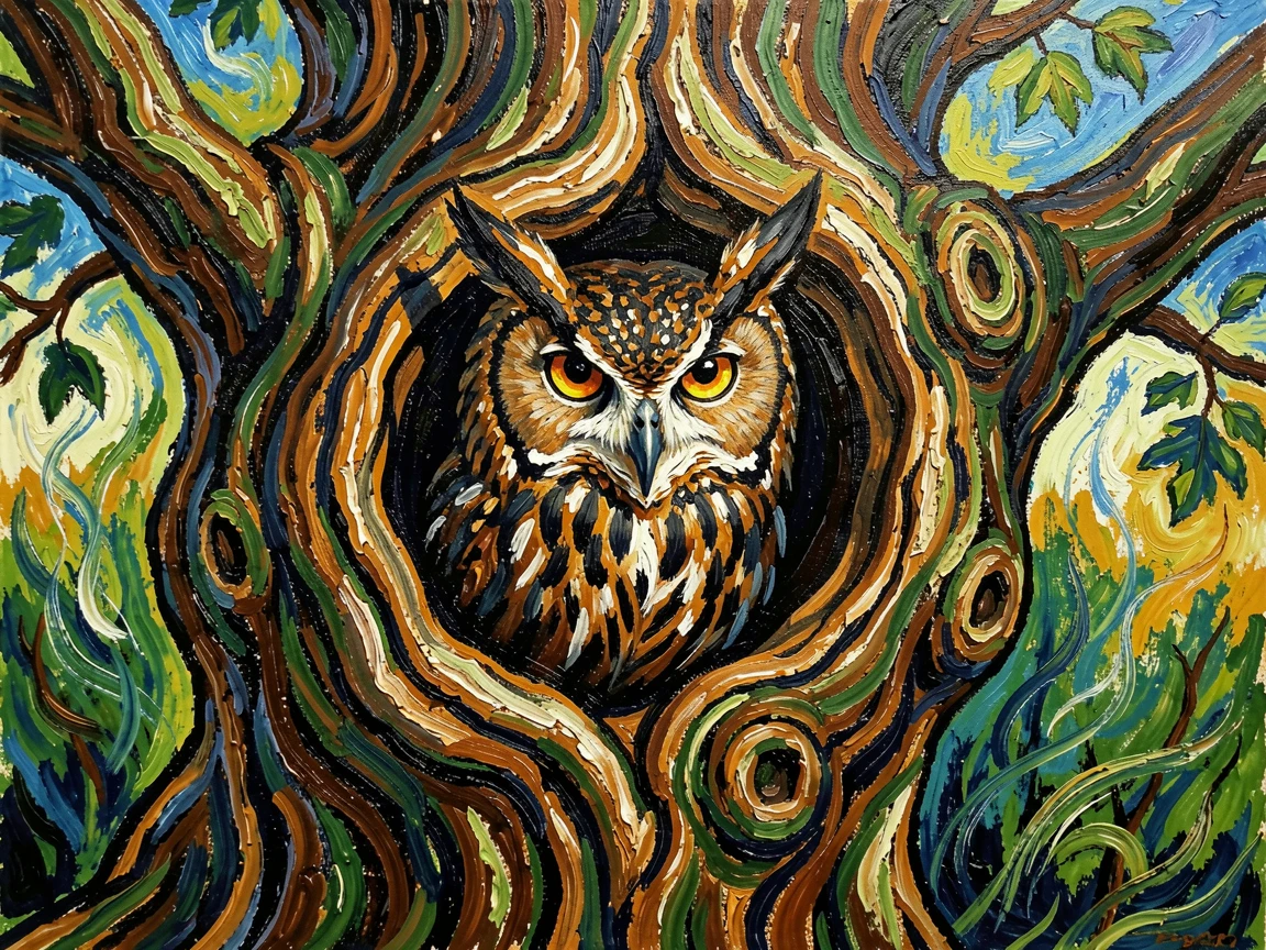 A wild eagle owl staring intently from a hollow in an ancient oak tree.