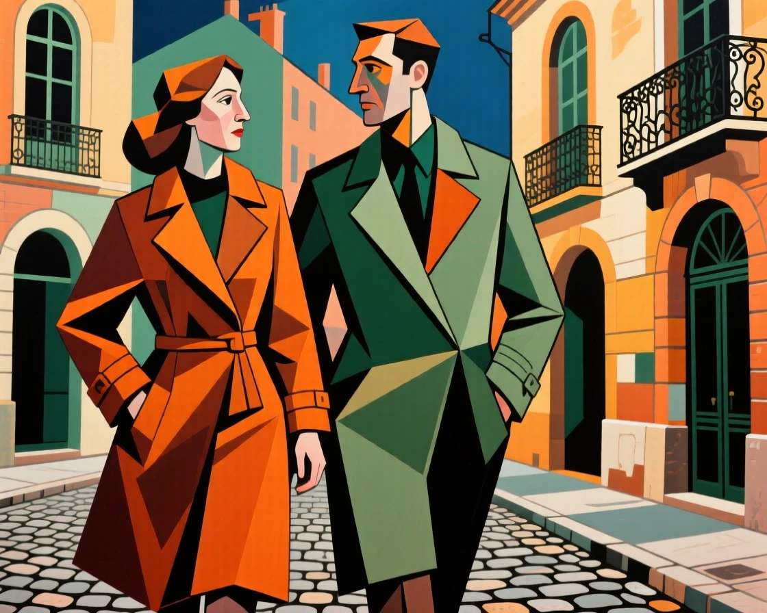 A stylish couple strolling through a European city in coordinated autumn coats.