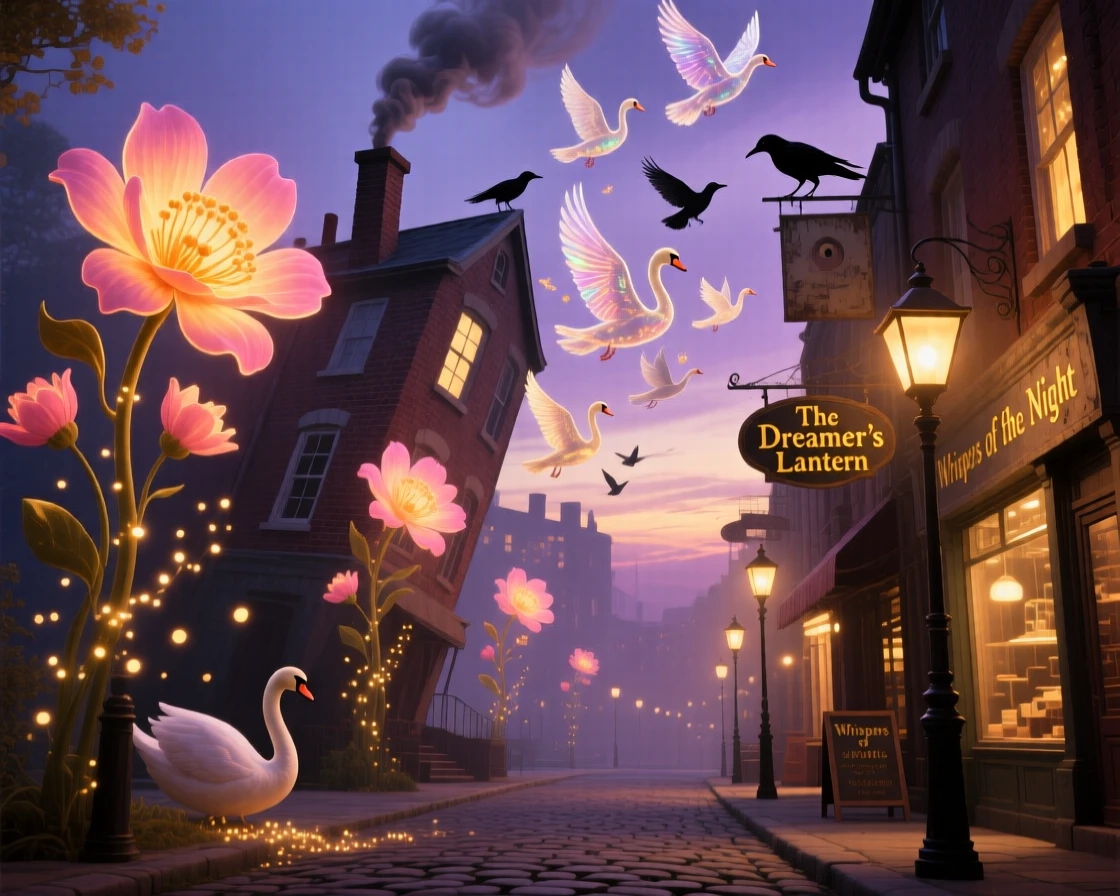 A city street where lampposts bloom like tall glowing flowers glows warmly beneath a soft evening sky, while smoke curls gently from a chimney into shapes of birds.