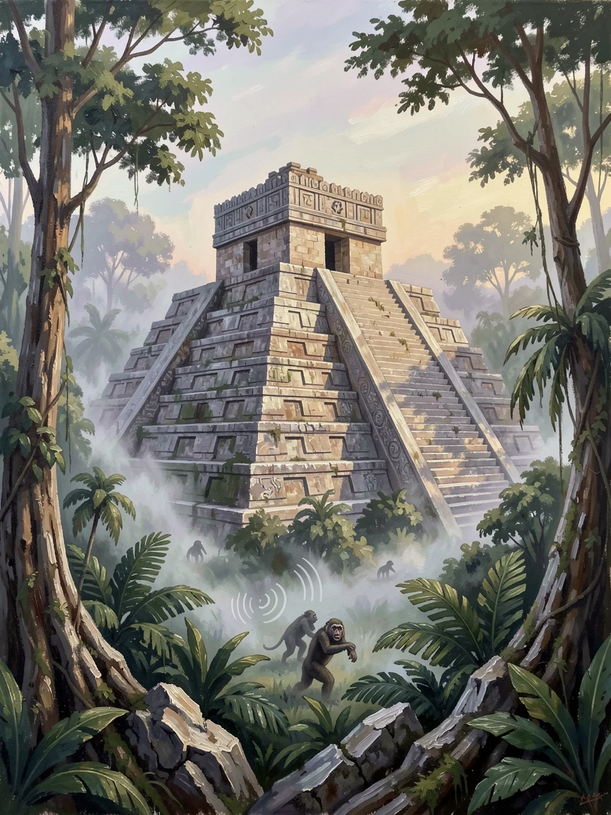 A weathered Mayan pyramid rises from dense Guatemalan jungle at dawn, howler monkeys calling somewhere in the mist-covered canopy below, small architectural details rewarding a closer look at the surrounding structures.
