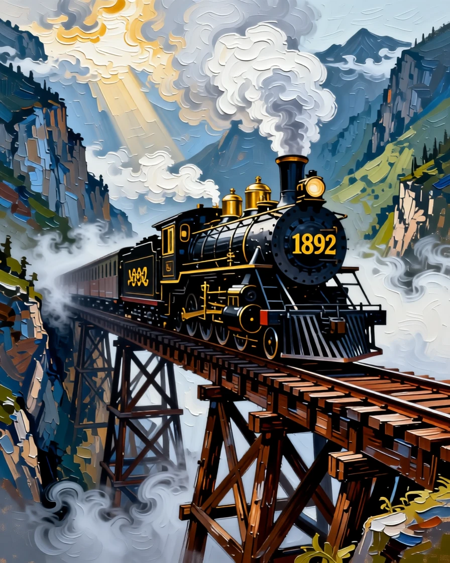 A steam locomotive crossing a high wooden trestle bridge through a misty mountain pass