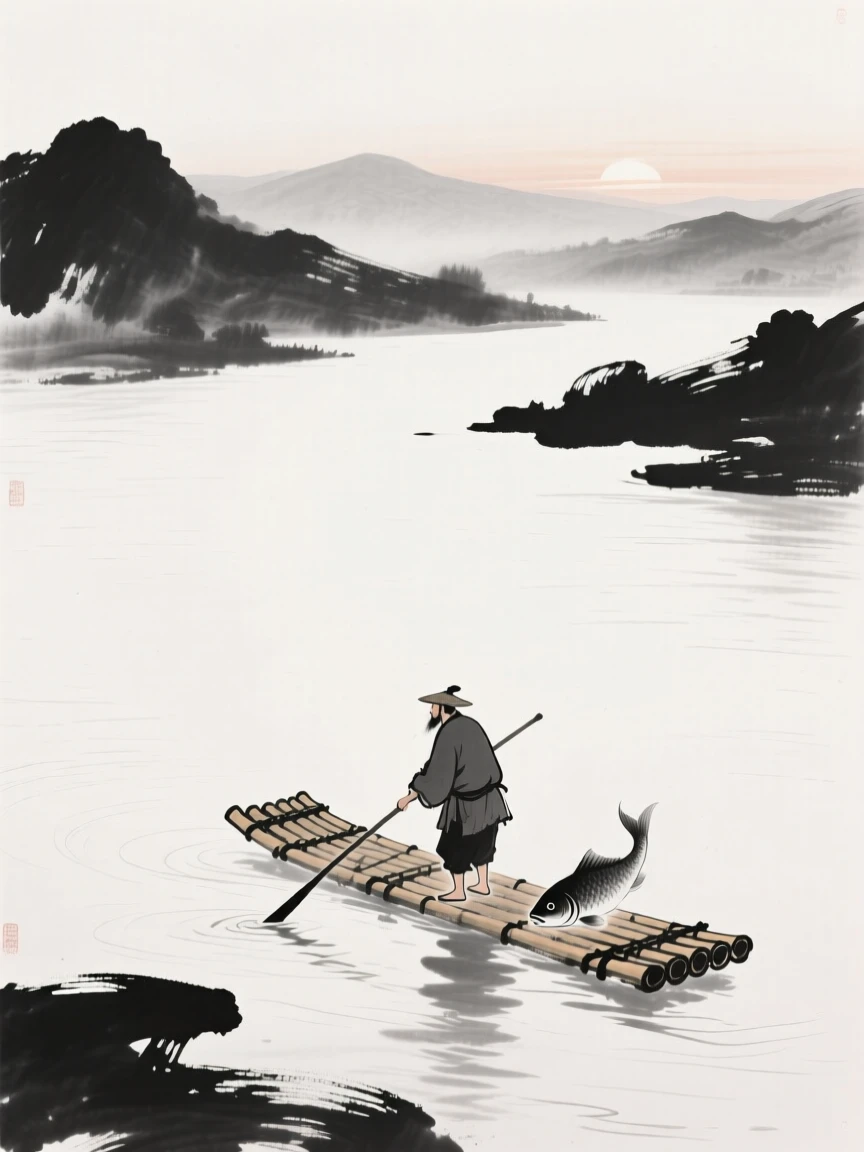 A fisherman poles his raft slowly along a calm river, as the first light of dawn breaks over distant hills.