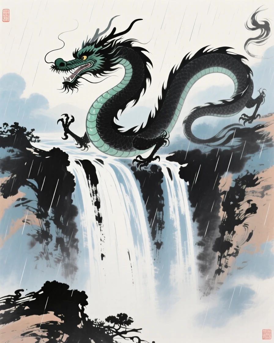 A jade dragon curling above a waterfall that seems to fall from the sky, through a curtain of fine rain.