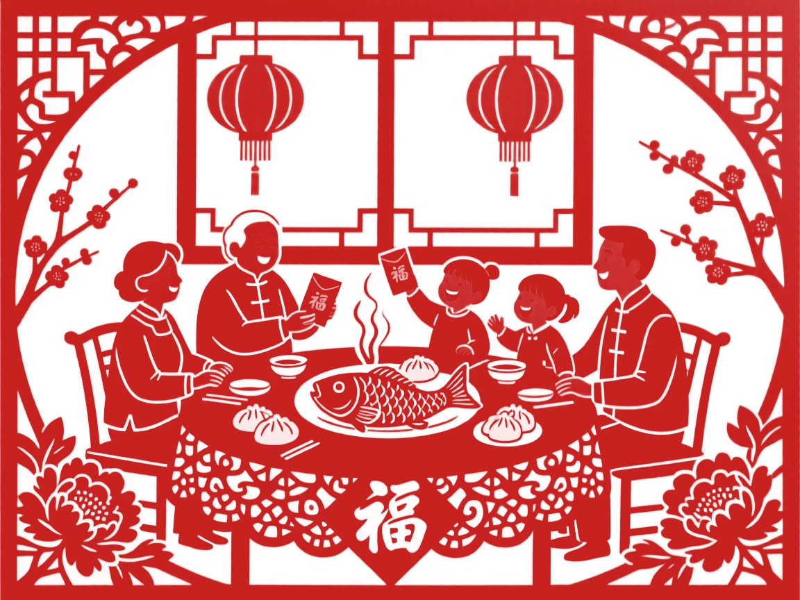A family gathered around a round table for a Lunar New Year reunion dinner, steaming dumplings piled high, a whole fish as the centerpiece, red lanterns glowing outside the window, grandparents handing red envelopes to laughing children