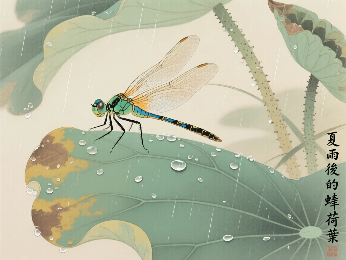 A dragonfly with translucent wings on a lotus leaf after summer rain