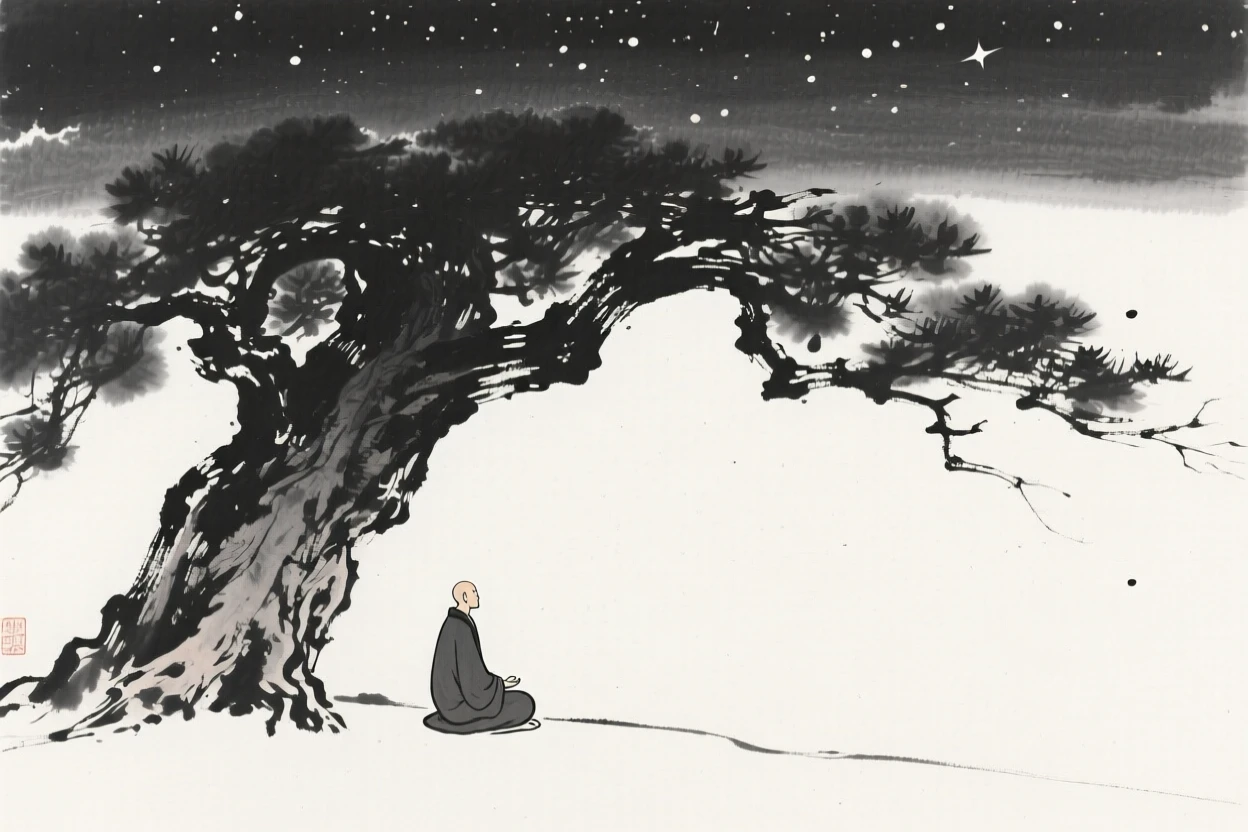 A solitary figure meditating beneath an old tree beneath a canopy of quiet stars, seen from a distance, small and still within the frame, suggesting quiet longing and gentle stillness.