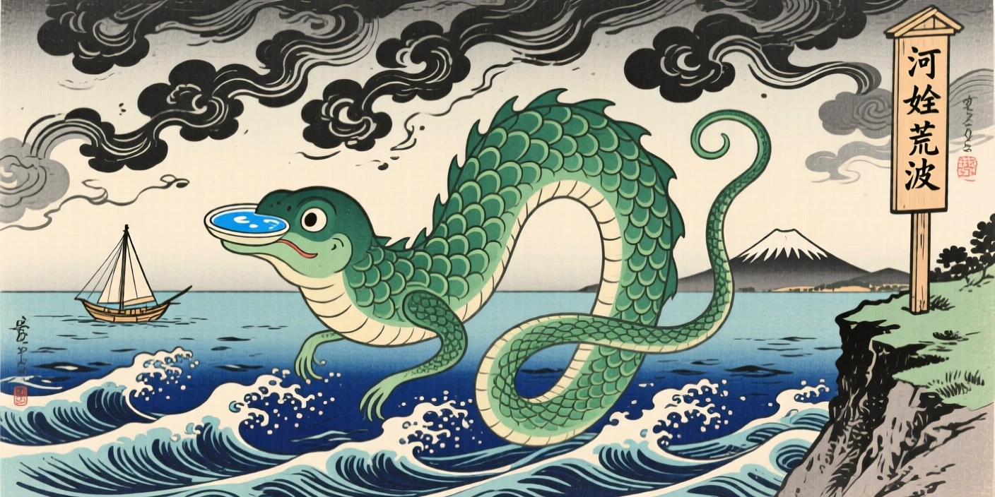 A curious kappa coiling through swirling storm clouds above the sea.