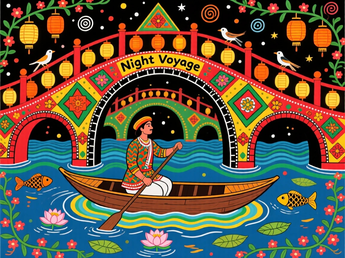 A gondolier rowing slowly beneath lantern-lit bridges at night.