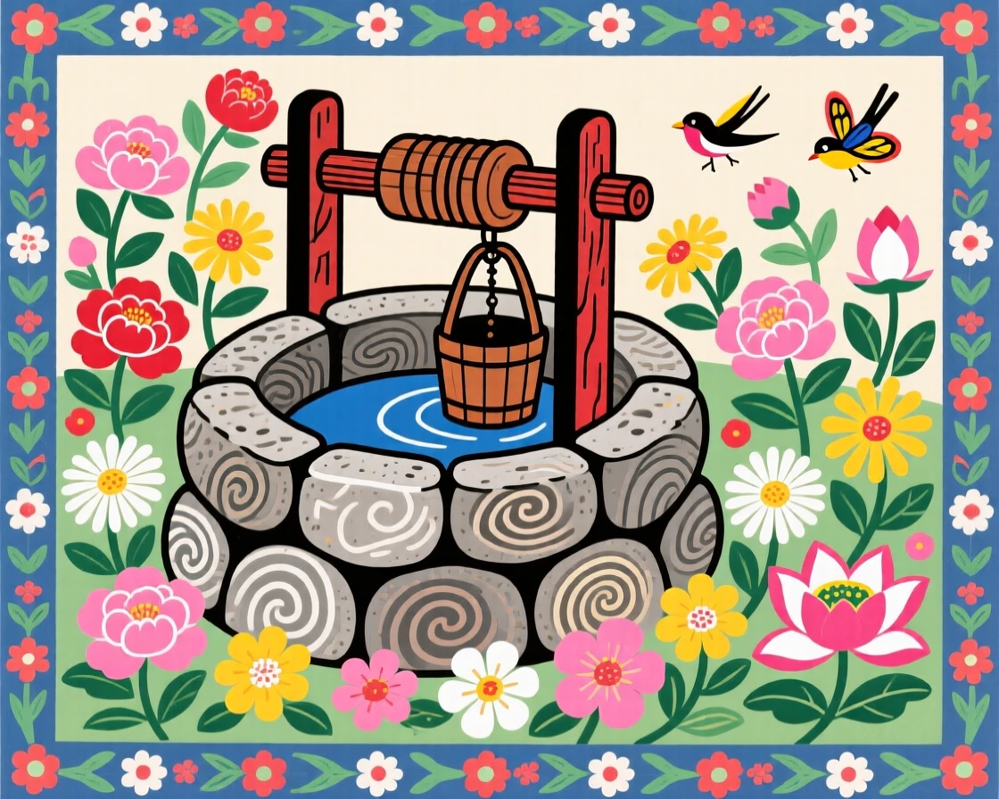 An old well surrounded by blooming flowers, symbolizing the source of life and abundance.