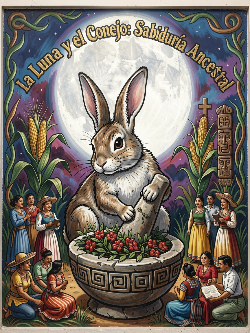 A moon rabbit pounding herbs beneath a glowing full moon