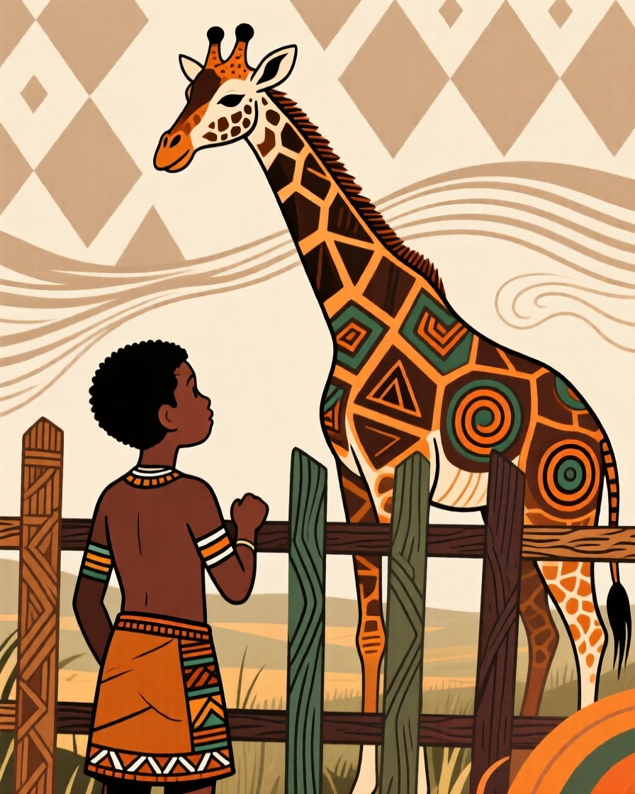 A young boy observing a giraffe from behind a fence.