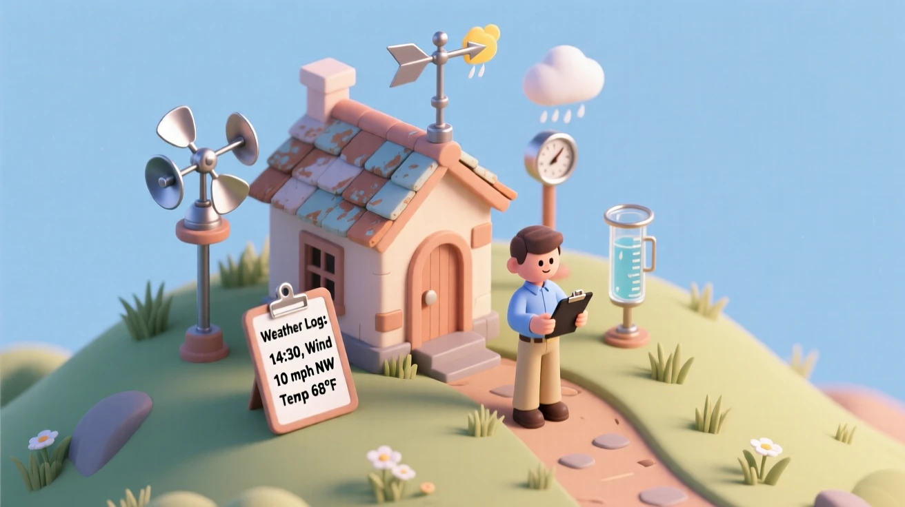 A quaint small-town weather station atop a hill, instruments spinning in the wind, and a forecaster recording data.